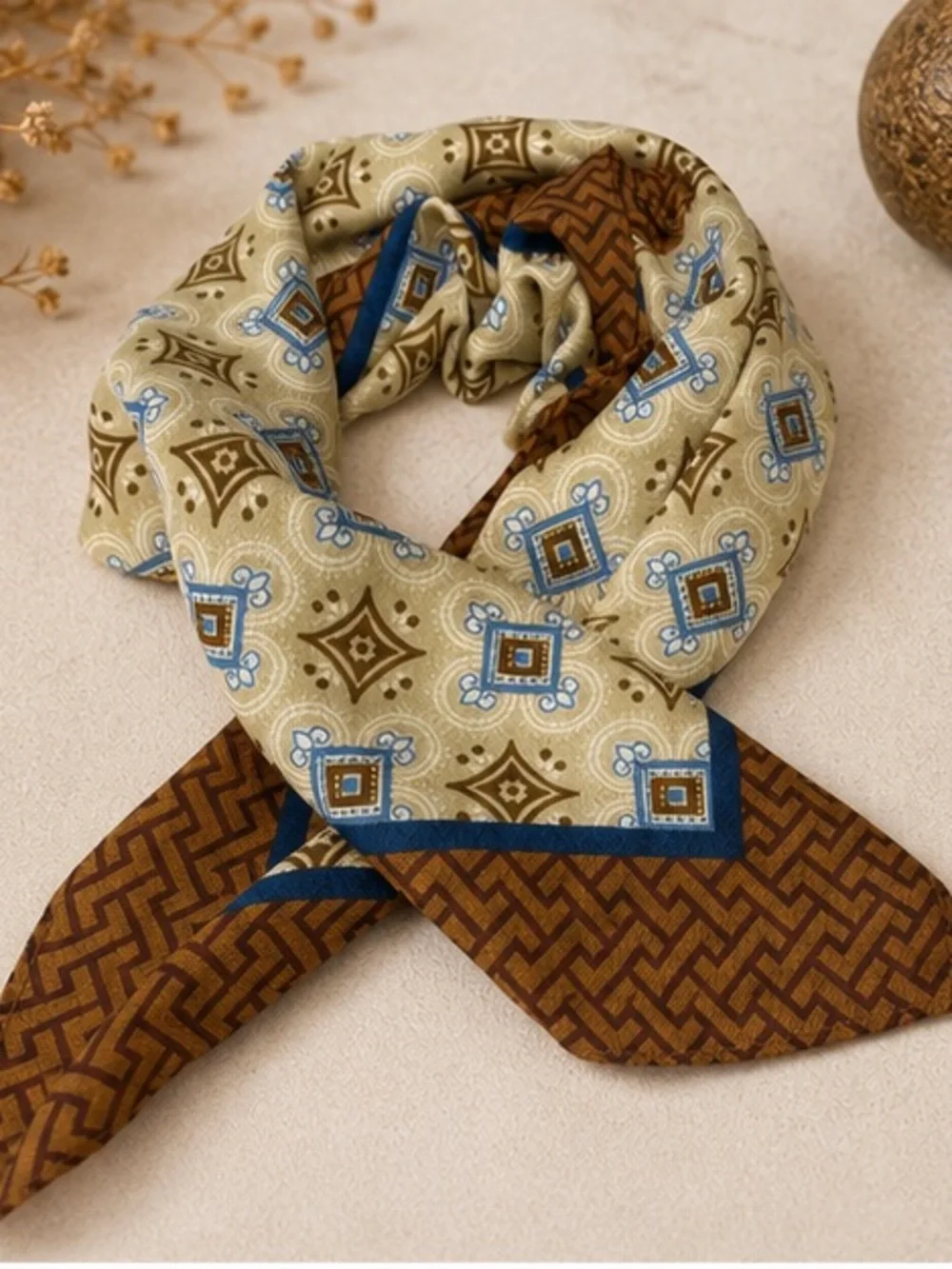 Designer Inspired Vintage Geometric Scarf | Tan Blue Brown